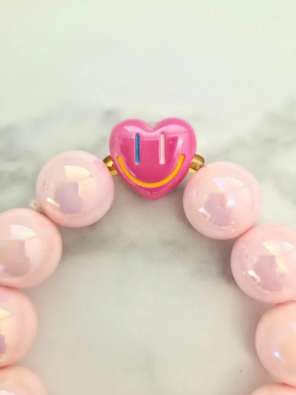 Pink Chunky Beaded Stretch Bracelet Smiley Heart Charm Y2K Jewelry